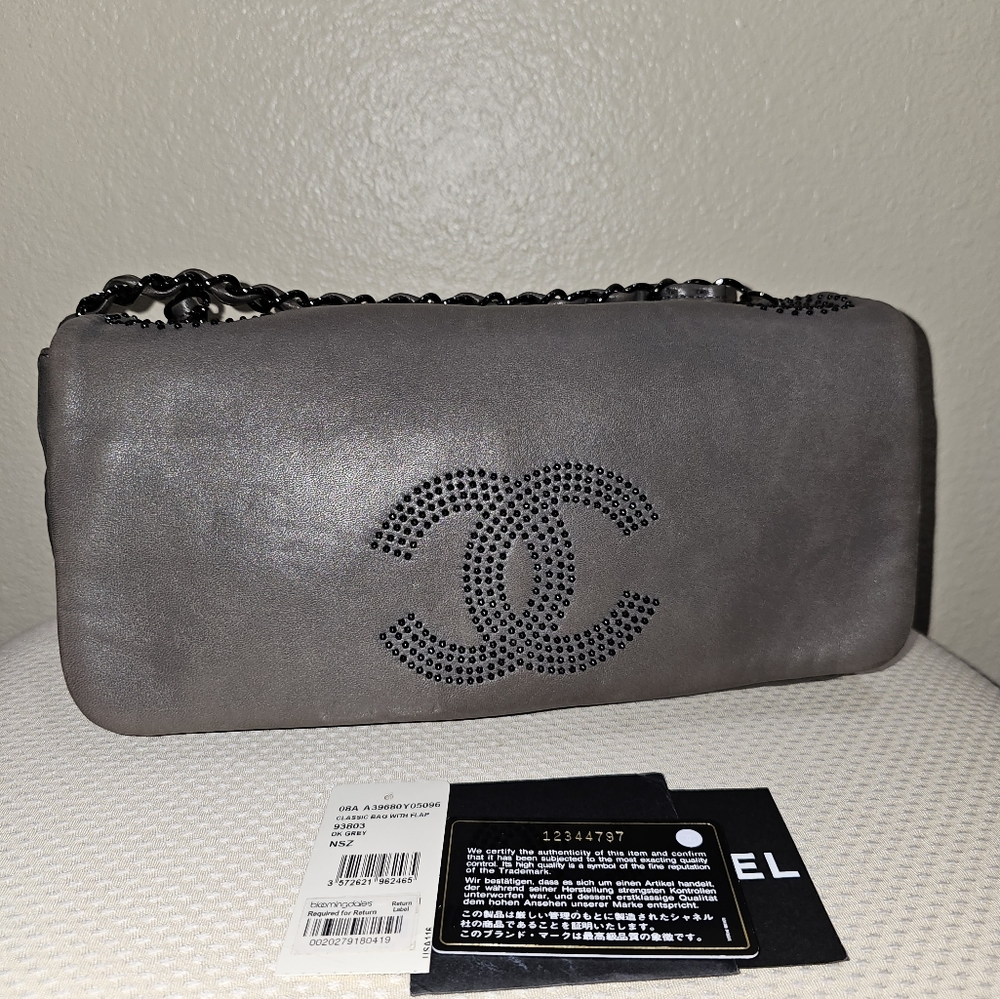 AUTHENTIC CHANEL DARK GREY LAMB SKIN CLASSIC BAG